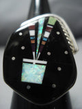 Exquisite Native American Jewelry Navajo Midnight Space Kachina Sterling Silver Turquoise Coral Ring-Nativo Arts
