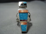 Exquisite Vintage Native American Jewelry Navajo Geometric Kachina Sterling Silver Turquoise Ring-Nativo Arts