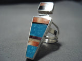 Exquisite Vintage Native American Jewelry Navajo Geometric Kachina Sterling Silver Turquoise Ring-Nativo Arts