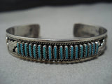 Exquisite Vintage Native American Jewelry Zuni Turquoise Needlepoint Terling Silver Cuff Bracelet Old-Nativo Arts