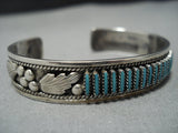 Exquisite Vintage Native American Jewelry Zuni Turquoise Needlepoint Terling Silver Cuff Bracelet Old-Nativo Arts