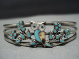 Exquisite Vintage Native American Jewelry Zuni Wise Owl Turquoise Sterling Silver Bracelet Cuff-Nativo Arts