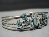 Exquisite Vintage Native American Jewelry Zuni Wise Owl Turquoise Sterling Silver Bracelet Cuff-Nativo Arts