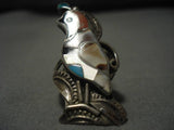 Exquisite Vintage Native American Navajo Zuni Turquoise Sterling Silver Quail Inlay Ring Old-Nativo Arts