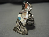 Exquisite Vintage Native American Navajo Zuni Turquoise Sterling Silver Quail Inlay Ring Old-Nativo Arts