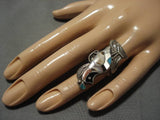 Exquisite Vintage Native American Navajo Zuni Turquoise Sterling Silver Quail Inlay Ring Old-Nativo Arts