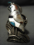 Exquisite Vintage Native American Navajo Zuni Turquoise Sterling Silver Quail Inlay Ring Old-Nativo Arts