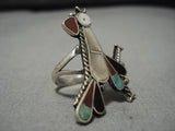 Exquisite Vintage Zuni/ Native American Navajo Roadrunner Turquoise Sterling Silver Inlay Ring-Nativo Arts