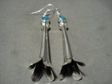 Extremely Long Modernistic Navajo 'Squash' Native American Jewelry Silver Sterling Turquoise Earrings-Nativo Arts