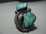 Extremely Rare Carved Leaf Vintage Native American Jewelry Navajo Green Turquoise Sterling Silver Ring-Nativo Arts