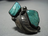 Extremely Rare Carved Leaf Vintage Native American Jewelry Navajo Green Turquoise Sterling Silver Ring-Nativo Arts
