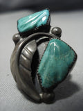 Extremely Rare Carved Leaf Vintage Native American Jewelry Navajo Green Turquoise Sterling Silver Ring-Nativo Arts