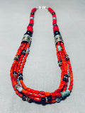 Drop Dead Gorgeous Native American Navajo Coral Sterling Silver Tubule Necklace-Nativo Arts