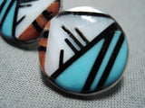 Detailed Vintage Native American Zuni Turquoise Inlay Sterling Silver Earrings-Nativo Arts
