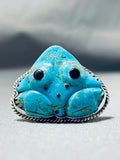 Impressive Native American Navajo Signed Kingman Turquoise Frog Sterling Silver Ring-Nativo Arts