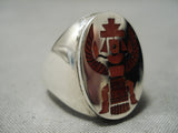 Important Native American Zuni Harlan Coonsis Sterling Silver Coral Sterling Silver Ring-Nativo Arts