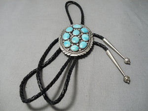 Tremendous Vintage Native American Navajo Sky Blue Turquoise Sterling Silver Bolo Tie Old-Nativo Arts