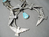 Unique!! Native American Navajo Thunderbird Turquoise Sterling Silver Squash Blossom Necklace-Nativo Arts