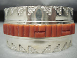 Important Native American Navajo Coral Row Wide Sterling Silver Bracelet Cuff-Nativo Arts