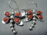 Exquisite Native American Navajo Coral Sterling Silver Dragonfly Earrings-Nativo Arts
