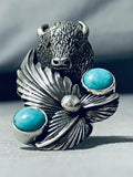 Exceptional San Felipe Blue Gem Turquoise Sterling Silver Buffalo Ring-Nativo Arts