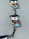 Signed Native American Zuni Turquoise Sterling Silver Owl Necklace And Earring Set-Nativo Arts