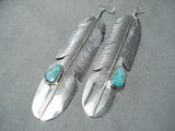 Eye-catching Native American Navajo Blue Diamond Turquoise Sterling Silver Feather Earrings-Nativo Arts