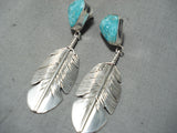Detailed Feather Native American Navajo Turquoise Sterling Silver Earrings-Nativo Arts