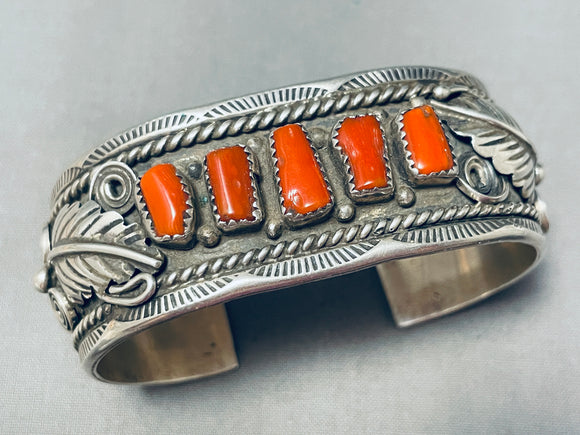 Artist Dayton Vintage Native American Navajo Chunk Coral Sterling Silver Leaf Bracelet-Nativo Arts