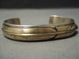 Thick And Heavy!! Important Vintage Native American Navajo Gold Sterling Silver Feather Bracelet-Nativo Arts
