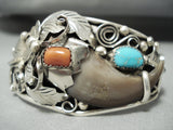 Authentic Bear Native American Navajo Turquoise Coral Sterling Silver Bracelet-Nativo Arts