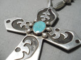 Huge Vintage Native American Navajo Christian Cross Turquoise Sterling Silver Necklace Old-Nativo Arts