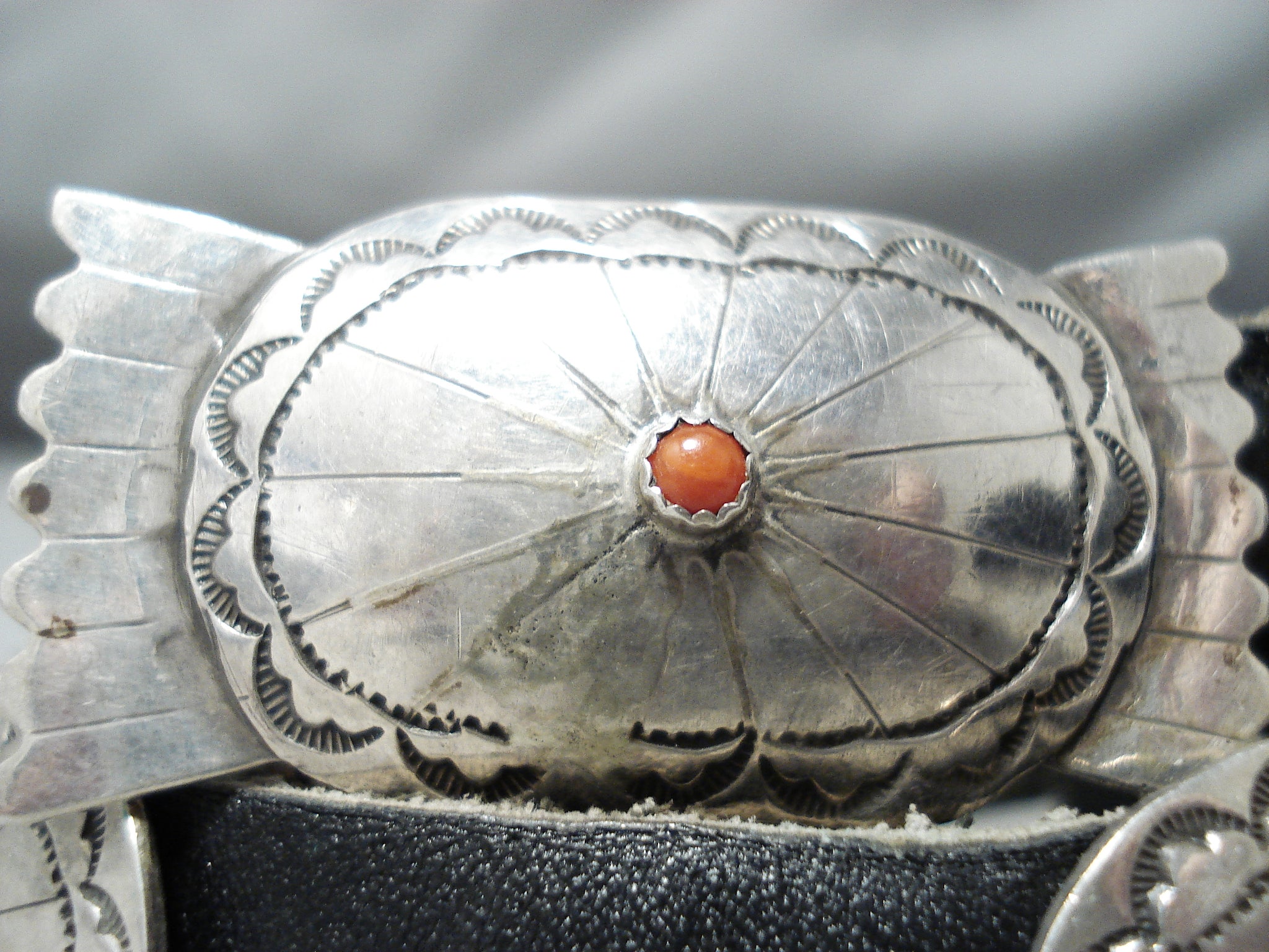 Amazing Vintage Navajo Coral Sterling Silver Concho Belt 