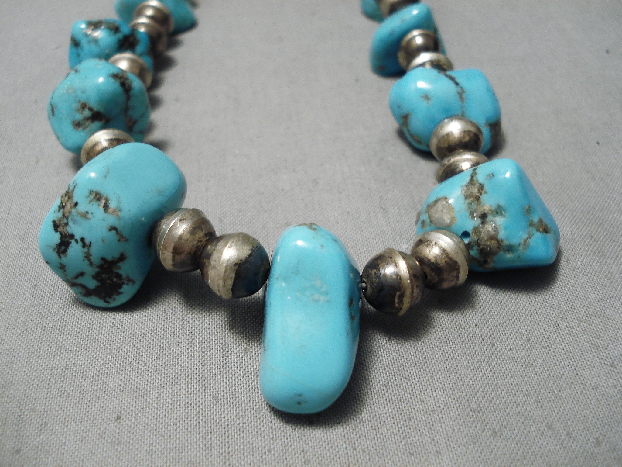 Item #892T- Vintage Navajo Turquoise Nuggets and Abalone Silver Beaded Necklace —Men's and Women's Turquoise Necklaces ~ Native American Necklaces