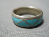 Impressive Vintage Native American Navajo Inlay Blue Turquoise Sterling Silver Ring Old-Nativo Arts