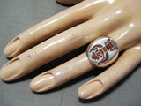 Heavy Intricate Detailed Native American Zuni Coral Sterling Silver Inlay Ring-Nativo Arts