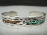 Vtg Native American Navajo Turquoise Coral Inlaid Sterling Silver bracelet-Nativo Arts