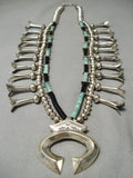 Rare! Vintage Native American Navajo Turquoise Heishi Sterling Silver Squash Blossom Necklace-Nativo Arts