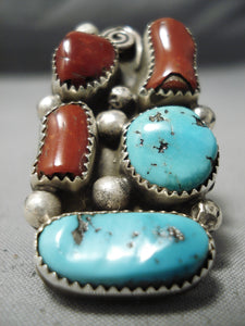 Colossal Vintage Native American Navajo Chunky Red Coral Sterling Silver Turquoise Ring-Nativo Arts