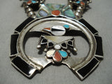 Native American Intricate!! Vintage Zuni Turquoise Inlay Sterling Silver Squash Blossom Necklace-Nativo Arts