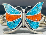 Awesome Native American Navajo Turquoise Coral Chip Inlay Sterling Silver Butterfuly Bracelet-Nativo Arts