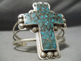 Huge Towering Vintage Native American Navajo Turquoise Cross Christian Sterling Silver Bracelet-Nativo Arts