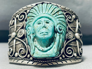 Hand Carved Chief Vintage Native American Navajo Sterling Silver Bracelet Cuff-Nativo Arts