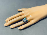 Rare Vintage Signed Native American Zuni Inlay Blue Gem Turquoise Sunface Sterling Silver Ring-Nativo Arts