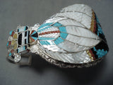 Incredible Native American Zuni Textured Inlay Turquoise Coral Kachina Sterling Silver Bracelet-Nativo Arts