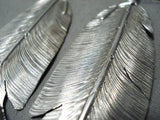 4 Inch Native American Navajo Old Kingman Turquoise Sterling Silver Large Feather Earrings-Nativo Arts