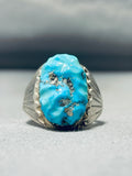 Authentic Vintage Native American Zuni Carved Turquoise Sterling Silver Ring-Nativo Arts