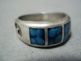 Intricate Vintage Native American Navajo Turquoise Inlay Sterling Silver Ring Old-Nativo Arts