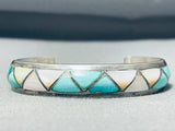 Lorrie Kallestewa Vintage Native American Zuni Blue Gem Turquoise Mother Of Pearl Inlay Bracelet-Nativo Arts