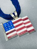 The Best Native American Navajo Intricate Lapis Heishi Sterling Silver American Flag Necklace-Nativo Arts